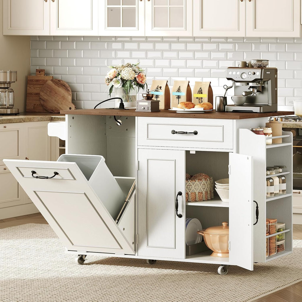 RALGEND Kitchen Island with Power Outlet & Drop Leaf, Mobile Rolling Cart with Trash Can Storage, 3-Tier Spice Rack, Island Table for Kitchen, Dining Room, White and Walnut