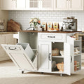 RALGEND Kitchen Island with Power Outlet & Drop Leaf, Mobile Rolling Cart with Trash Can Storage, 3-Tier Spice Rack, Island Table for Kitchen, Dining Room, White and Walnut