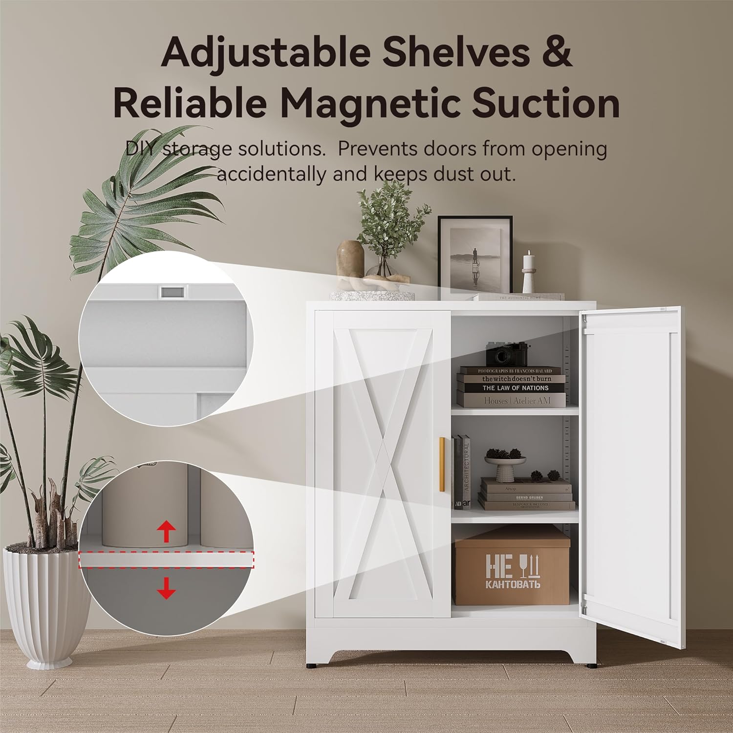 Metal Buffet Cabinet with Storage, 39.3''H Sideboard Cabinet with Doors, Modern White Coffee Bar with Storage&2 Adjustable Shelves, for Kitchen, Living Room, Entryway