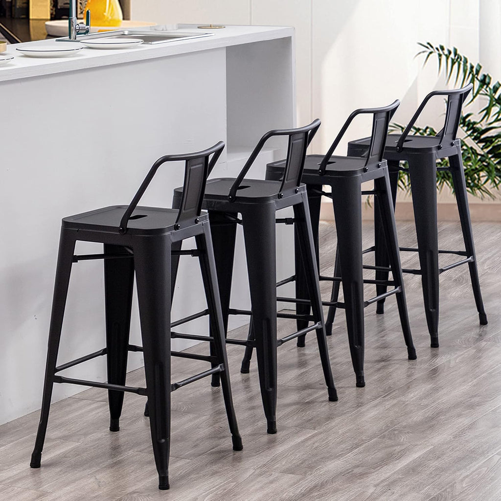30 inch Metal Bar Stools Set of 4 Bar Height Stools with Backs Industrial Low Back Bar Chairs for Indoor Outdoor Matte Black
