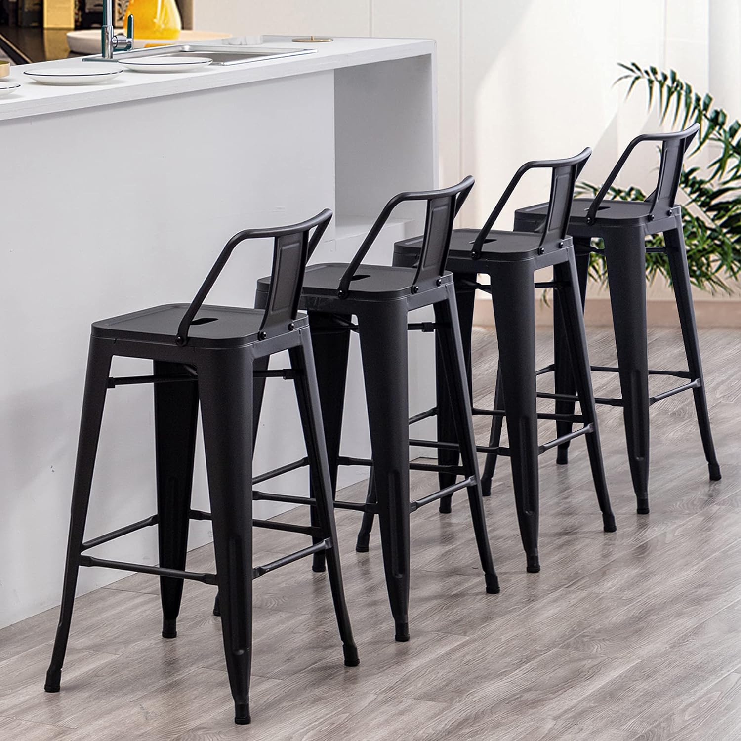 30 inch Metal Bar Stools Set of 4 Bar Height Stools with Backs Industrial Low Back Bar Chairs for Indoor Outdoor Matte Black