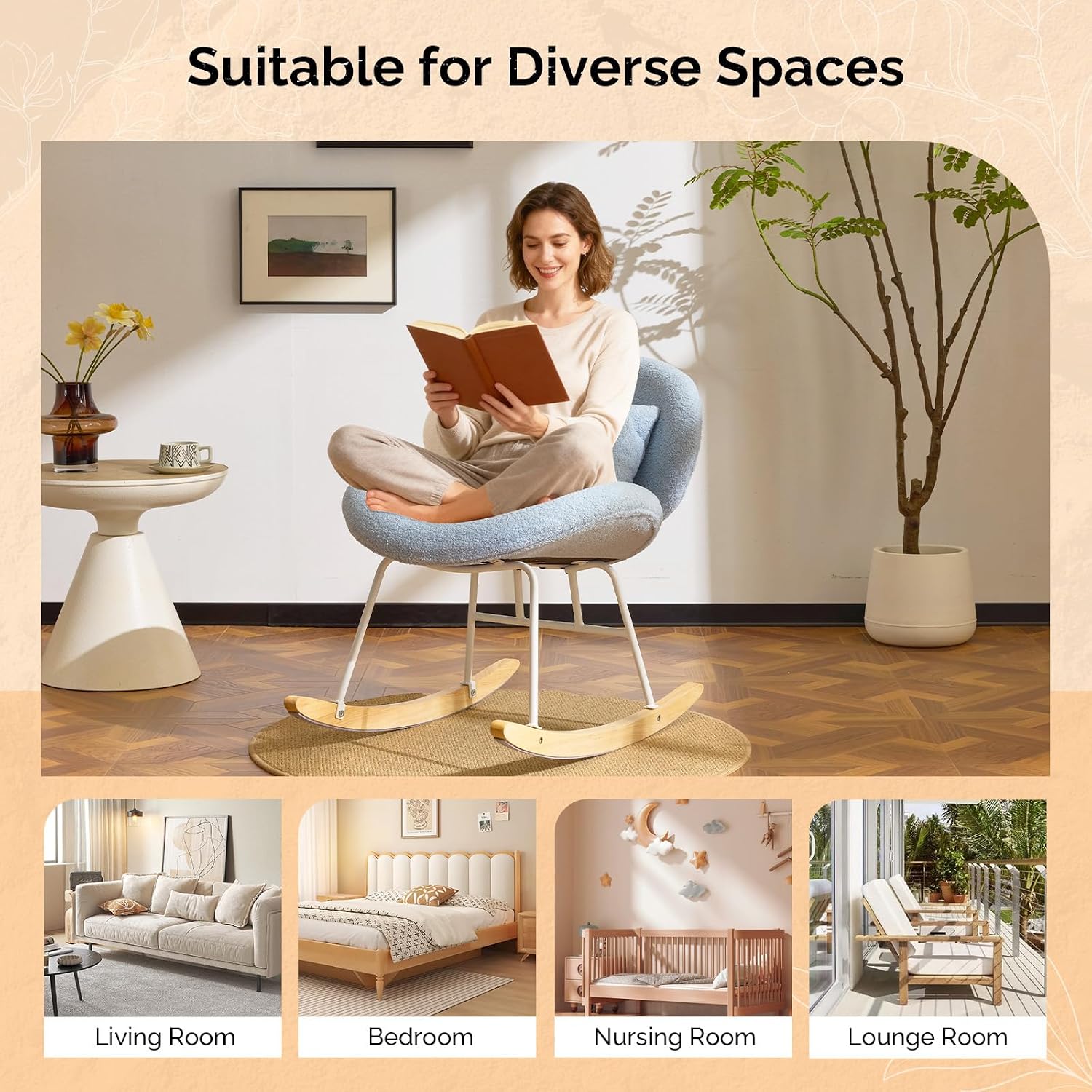 VINGLI 25.6" Extra Wide Criss Cross Nursery Rocking Chair,Cute Curved 115° Reclining Armless Glider,Teddy Small Rocker w/Pillow & Solid Wood for Indoor,Bedroom, Living Room,Teddy Fleece,Sky Blue