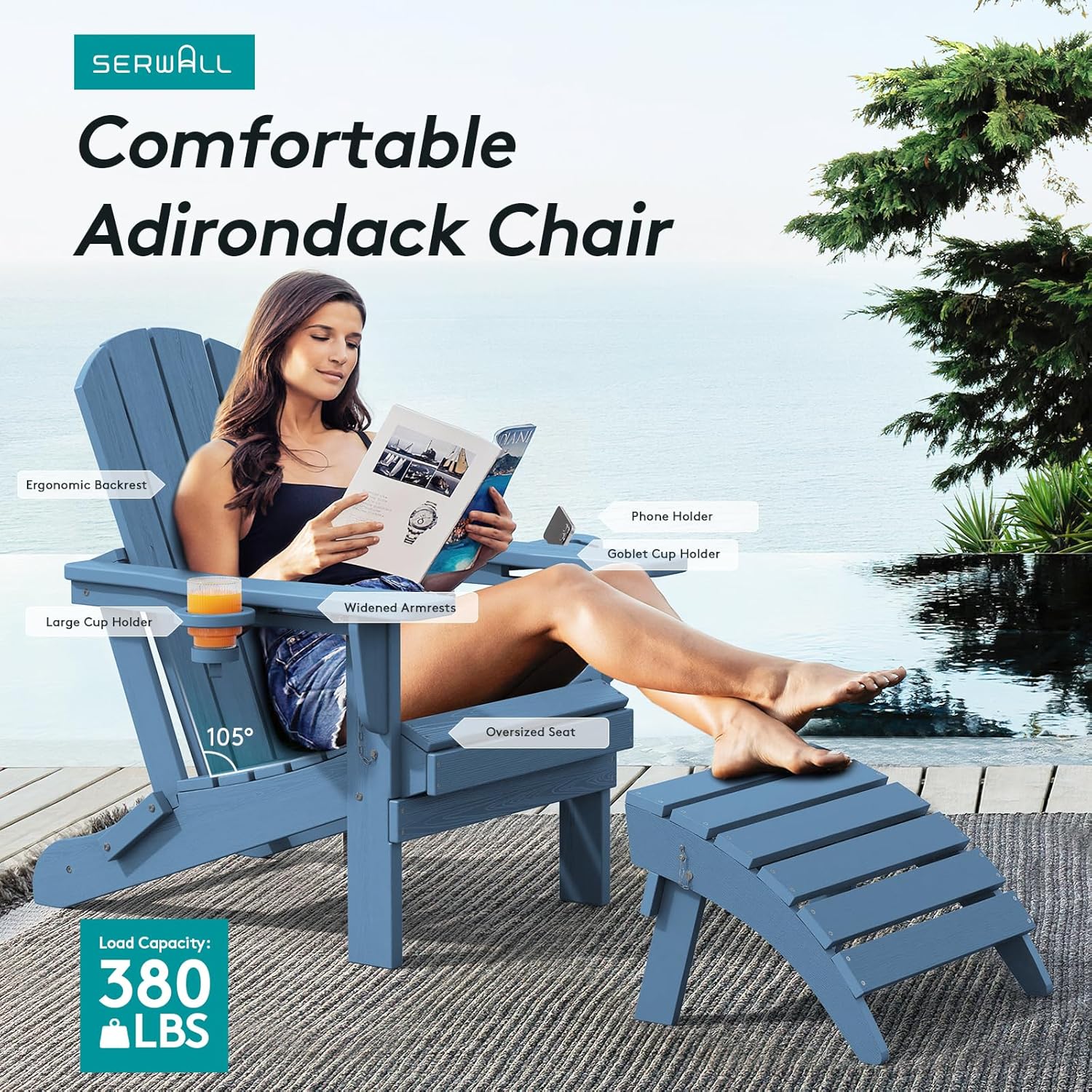 SERWALL Folding Adirondack Chair, HDPE Adirondack Chairs Set of 2, Plastic Outdoor Chairs- Looks Exactly Like Real Wood- Navy