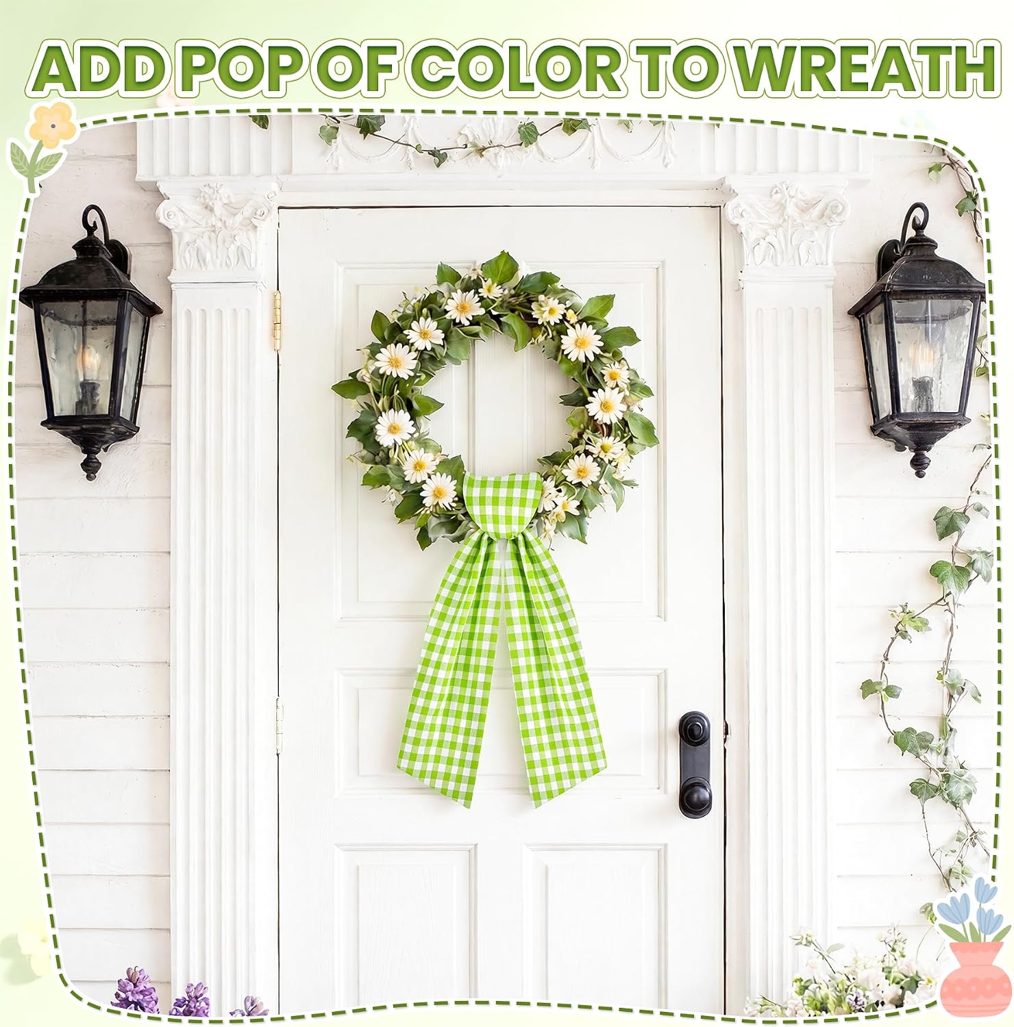 Spring Wreath Sash, 56 Inch Green and White Plaid Front Door Wreath Sash for Holiday Indoor Outdoor Decorations, 1 Pcs