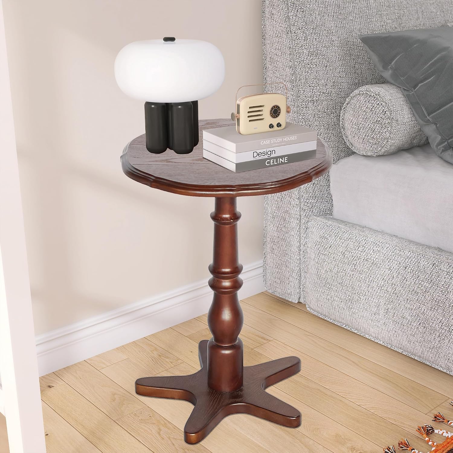 Vintage Accent Side Table, 15.75 Inch Round Wooden Pedestal Design for Living Room, Bedroom, and Entryway Use