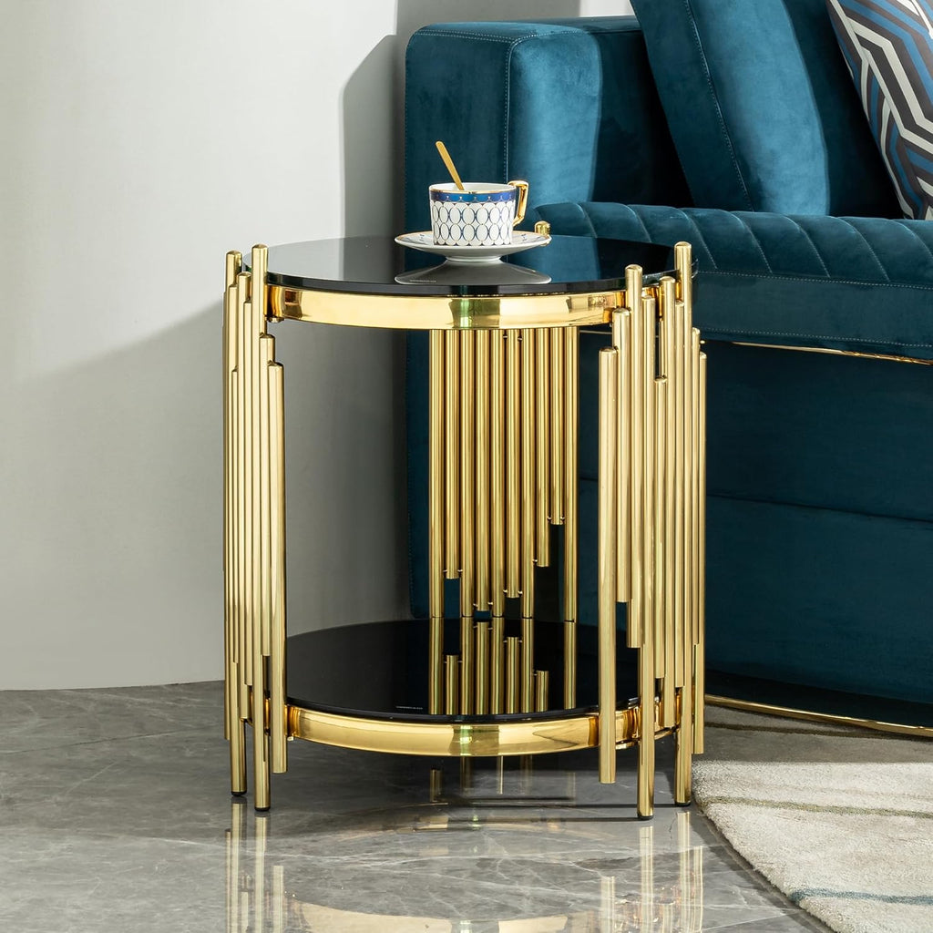 17.72'' Tempered Glass Side Table for Living Room, 2-Tier Modern Circle End Table, Glass Tabletop & Stainless Steel Frame, Easy Assembly, Black & Gold