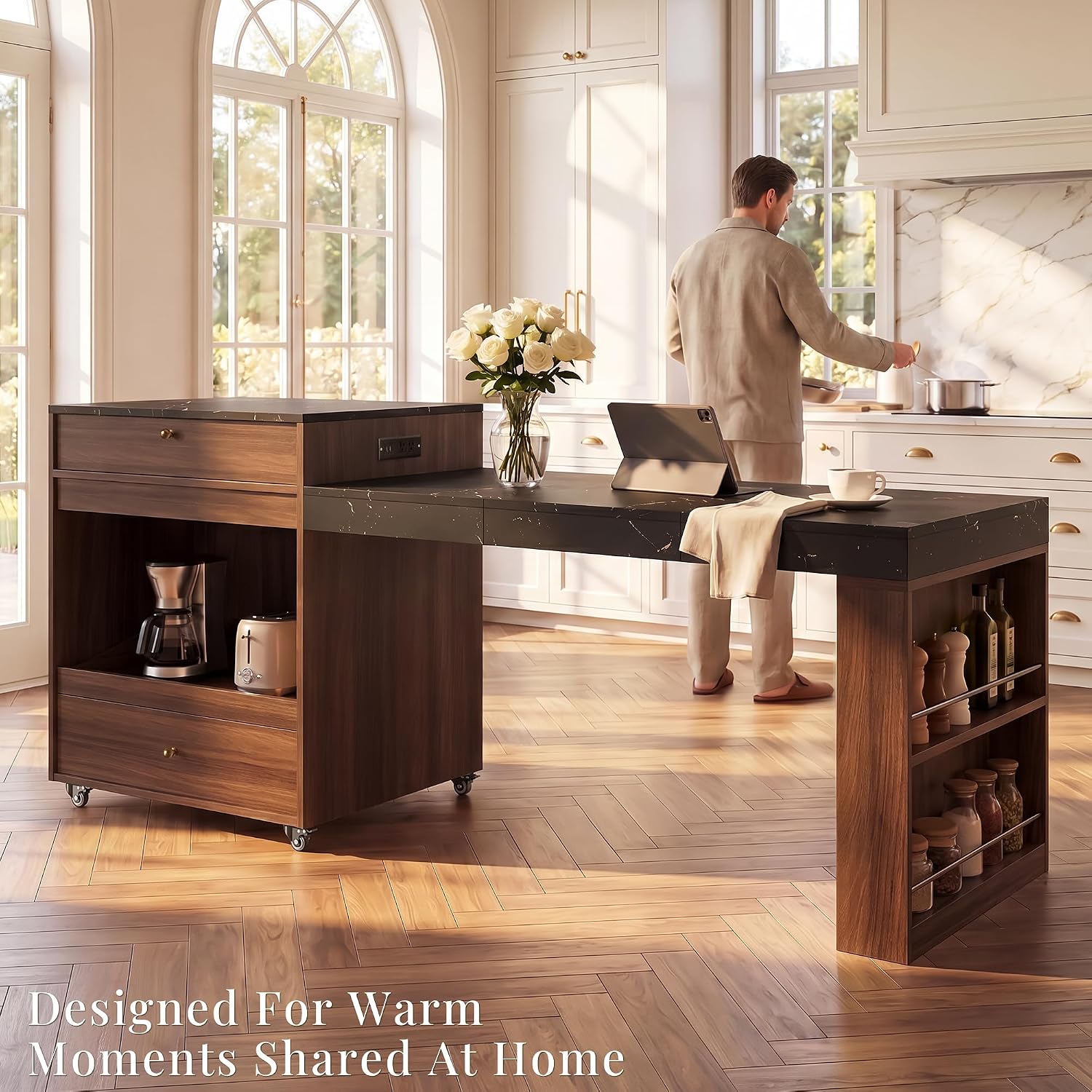 79" Rolling Kitchen Island with 3-Stage Extendable Table, Walnut | Power Outlet, Drawers, Storage Cabinet, Spice Rack, Locking Wheels, Modern Farmhouse Style, Small Kitchen, Dining Room