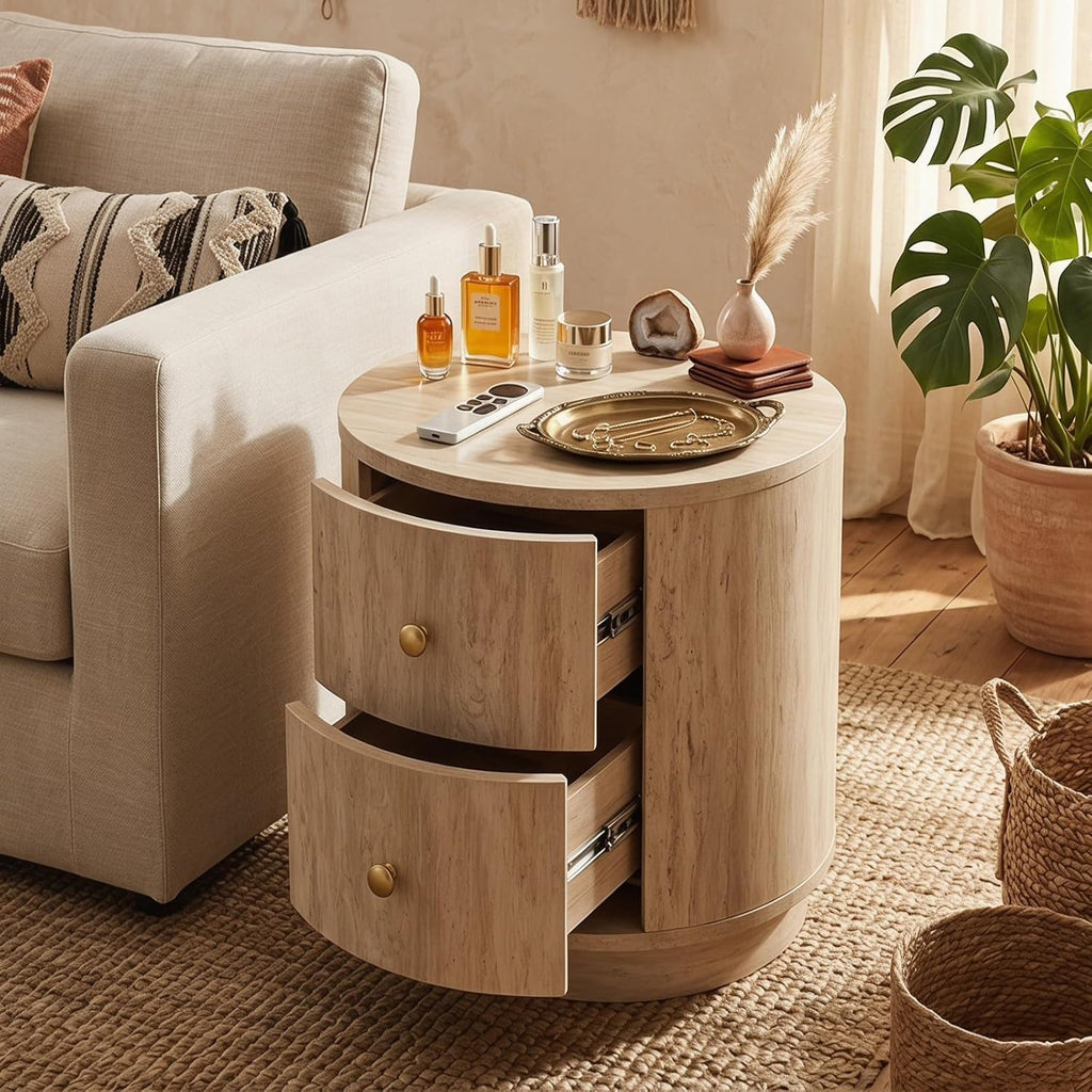 CIMOTA Modern Side Table with Storage, Small Wooden End Table Nightstand Bedside Table with Gold Knobs Bedroom Living Room, Light Wood Color
