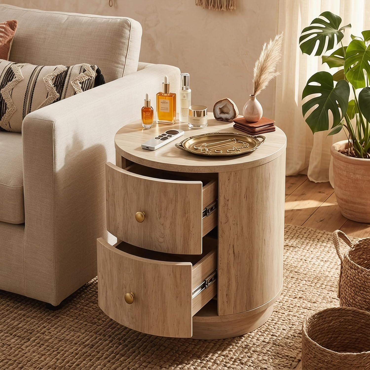 CIMOTA Modern Side Table with Storage, Small Wooden End Table Nightstand Bedside Table with Gold Knobs Bedroom Living Room, Light Wood Color