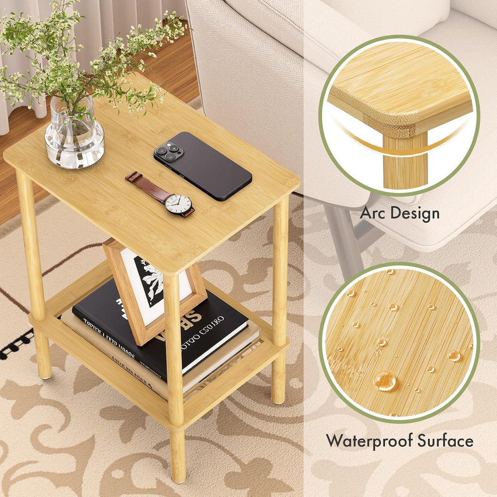 2 Tier Bamboo End Table, Narrow Side Table with Adjustable Feet, Waterproof Small Bedside Table, Nightstand, Entryway Table for Living Room Bedroom Bathroom, No Tool Assembly, 66LBS Capacity