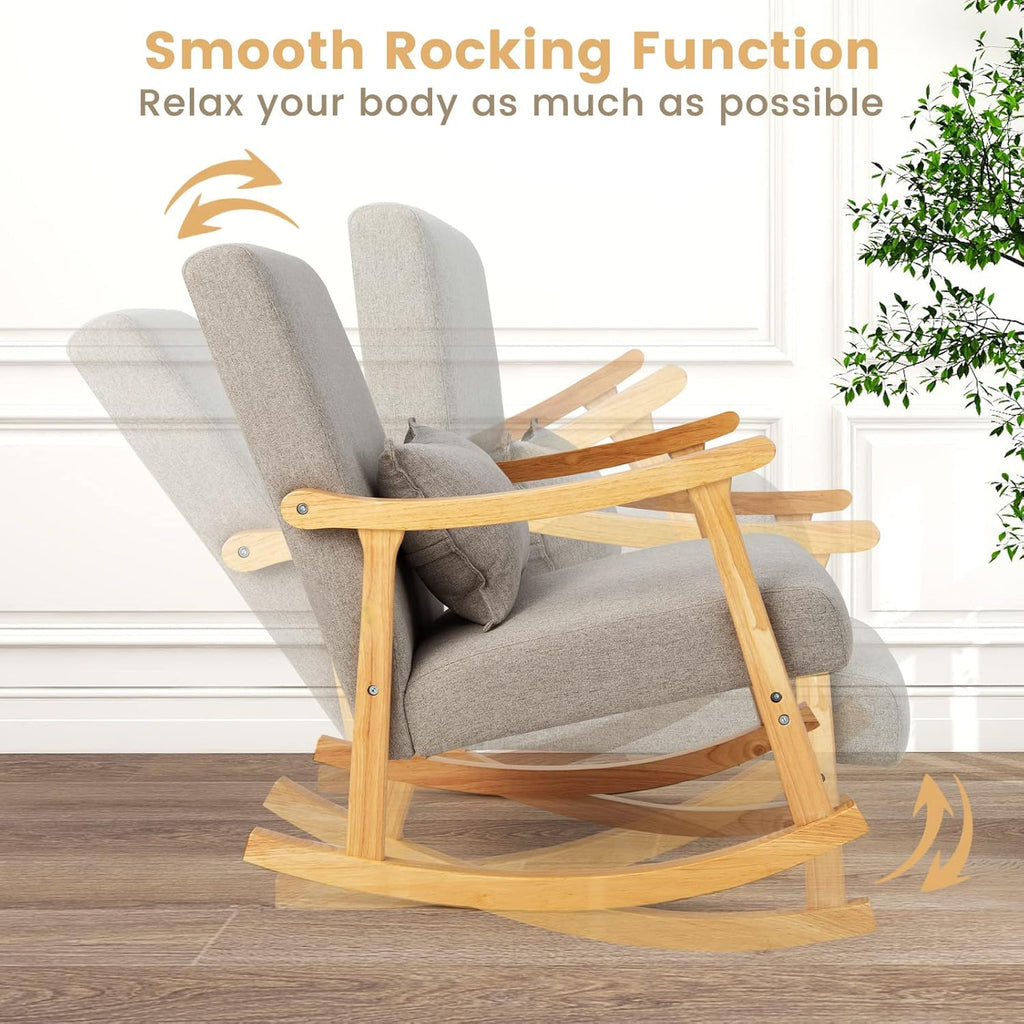GOFLAME Nursery Rocking Chair Set of 2, Upholstered Rocker Glider Chair with Lumbar Pillow, High Backrest & Padded Seat Cushion, Accent Armchair with Rubber Wood Frame for Living Room, Bedroom, Grey