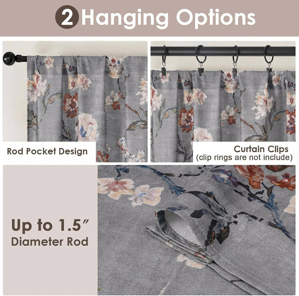 OWENIE Floral Kitchen Cafe Curtains - 36 Inch Length 2 Panels Set, Printed Light Filtering Textured Farmhouse Short Small Half Curtain Tier Drapes for Bathroom Basement, 2 Pcs Each 30W x 36L,Grey