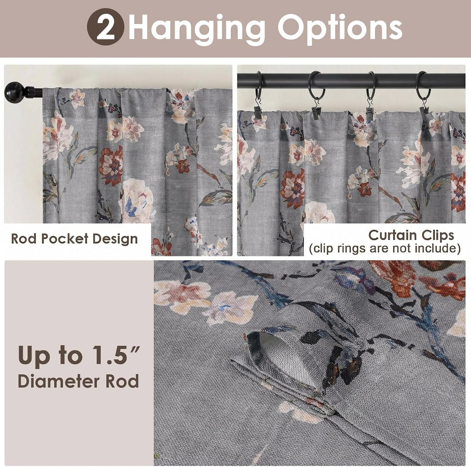 OWENIE Floral Kitchen Cafe Curtains - 36 Inch Length 2 Panels Set, Printed Light Filtering Textured Farmhouse Short Small Half Curtain Tier Drapes for Bathroom Basement, 2 Pcs Each 30W x 36L,Grey