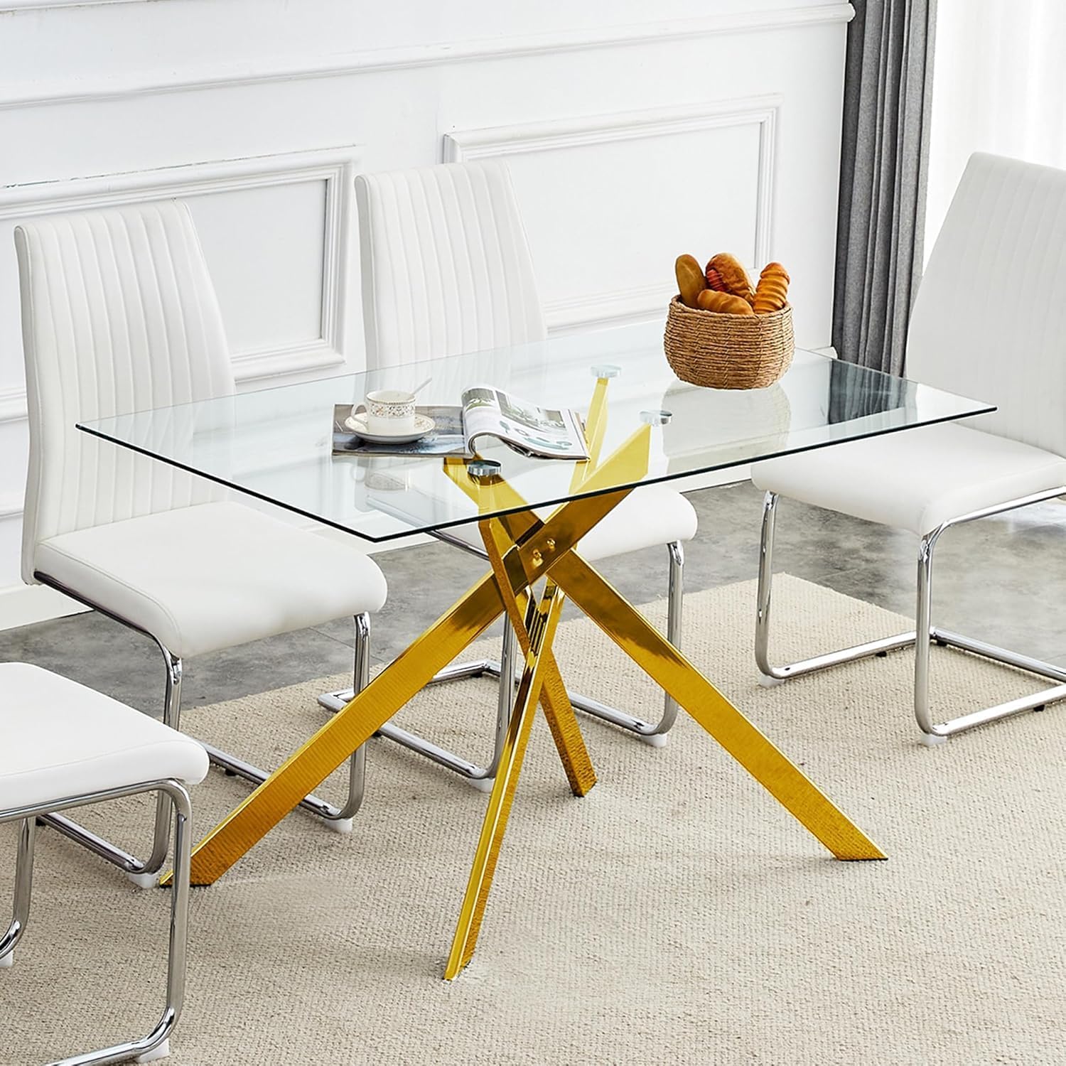 Modern Dining Table for 6 People, 51" Rectangle Dining Room Table with Gold Chrome Metal X-Base, Rectangular Tempered Glass Dining Table, Kitchen Dining Room Tables Luxury Dinner Table