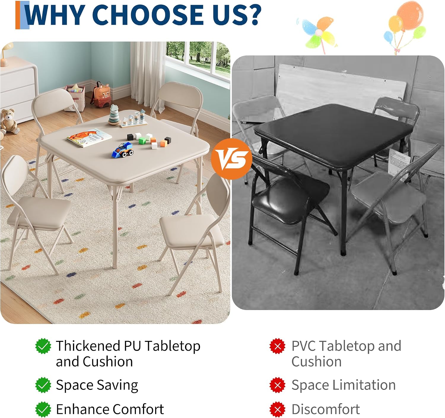 IDEALHOUSE 5 Piece Boys Girls Folding Table and Chairs Set, Activity Table and Chairs Set for Dining Room,Daycare,Classrooms