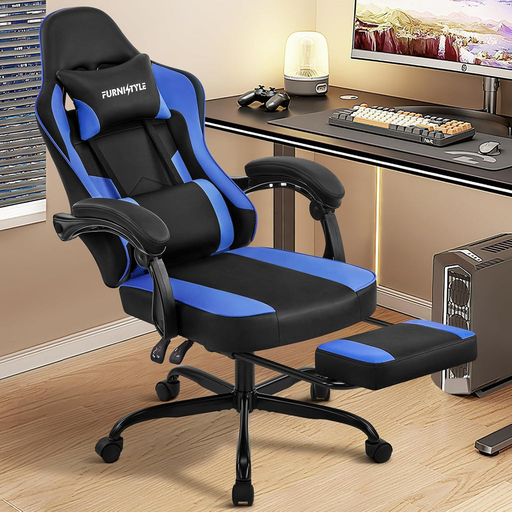 Gaming Chair with Footrest, Comfy Video Game Chairs for Adults Boys with Adjustable Lumbar Support, Linkage Armrests, Reclining Ergonomic Computer Chair for Gaming Office, 360°Swivel, Blue
