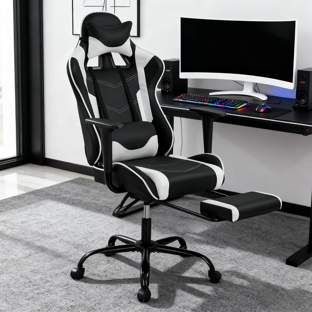 Gaming Chair Computer Chair Ergonomic Gaming Chair with Footrest Reclining High Back Video Game Chair with Lumbar Support Headrest Armrest Swivel Seat for Teen (White)