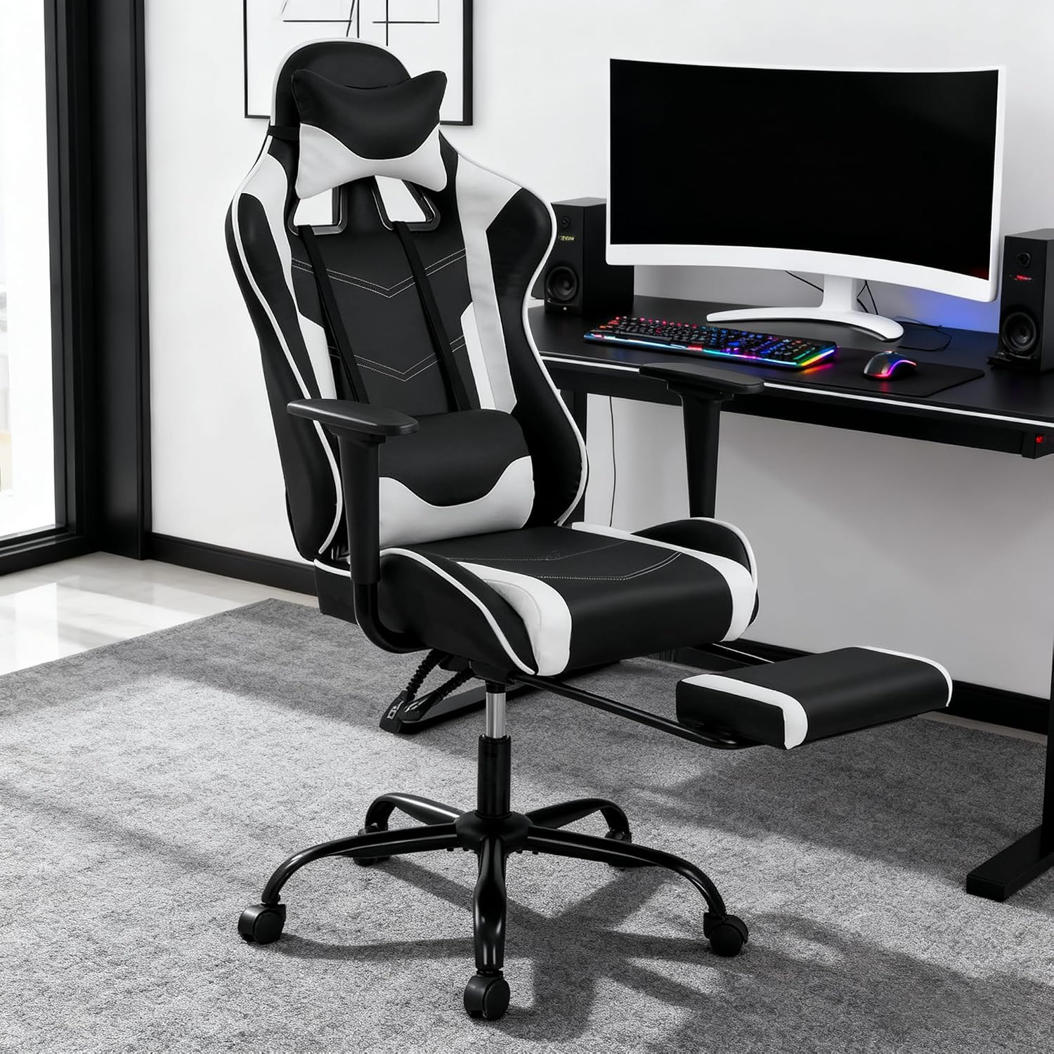 Gaming Chair Computer Chair Ergonomic Gaming Chair with Footrest Reclining High Back Video Game Chair with Lumbar Support Headrest Armrest Swivel Seat for Teen (White)