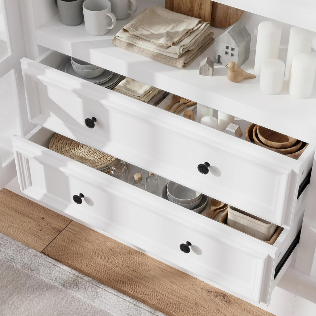 WOODTIME 78.7" W Kitchen Island with 4 Glass Doors, 8 Shelves & 2 Drawers, Farmhouse Kitchen Prep Table Stationery Storage Cabinet with Spacious Countertop & Vintage Handles for Dining Room, White