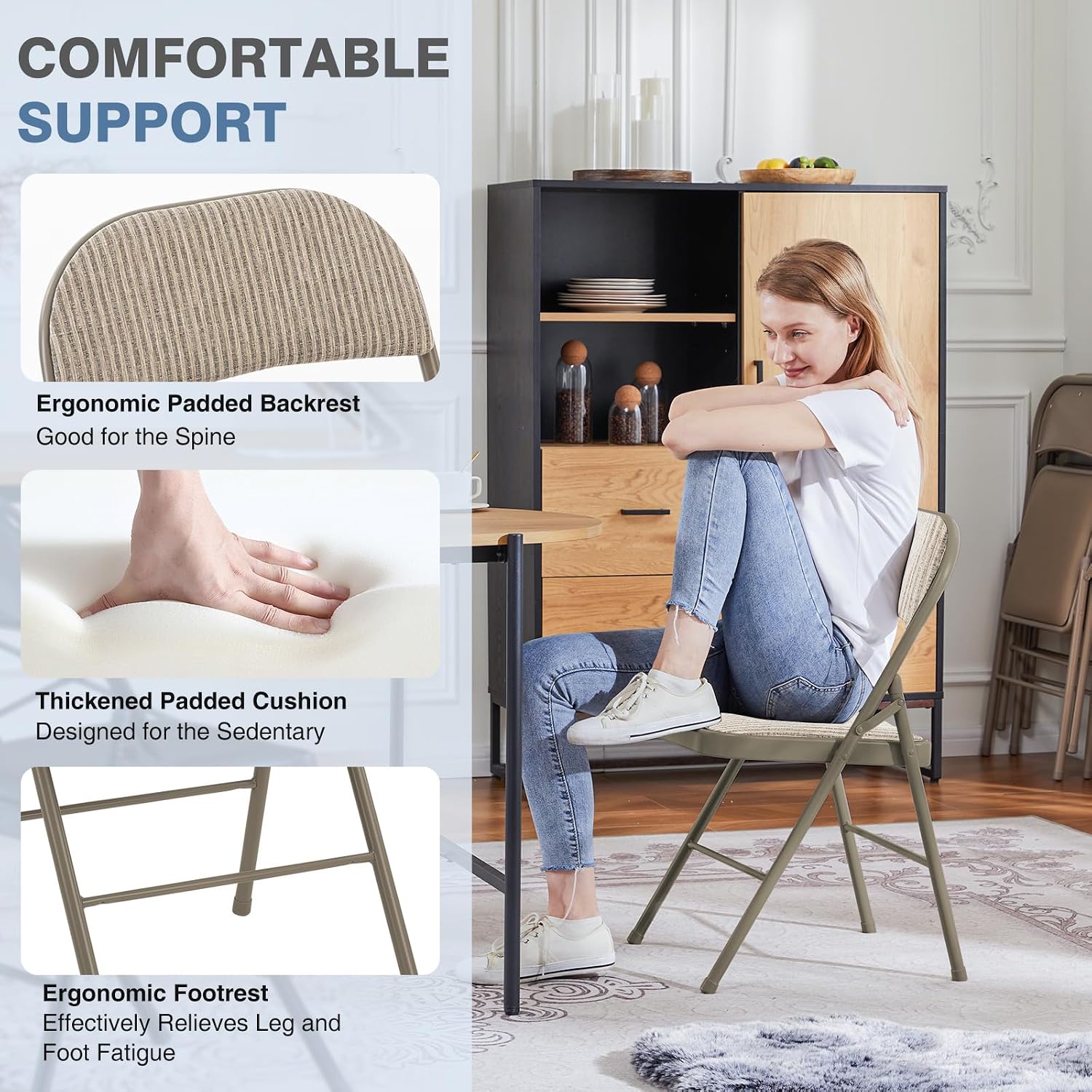 DUMOS 2 Pack Folding Chairs with Padded Cushion and Back - Fabric Stackable Portable Dining Chairs Set, for Home and Office, Conference, Wedding, Party, Patio, Garden, for Indoor Outdoor, Khaki