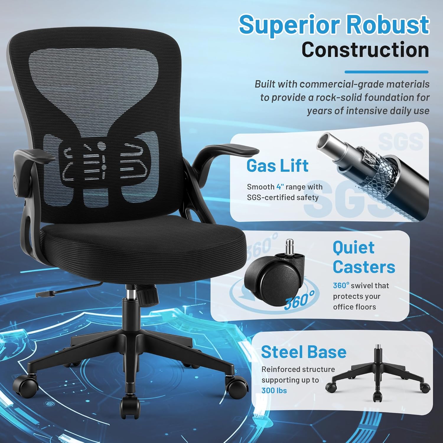 Office Chair Ergonomic Desk Chair with Adjustable Lumbar Support, High Back Breathable Mesh Chair with 120° Tilt Function & Flip-Up Armrests, Swivel Comfy Task Computer Chair for Work, Study