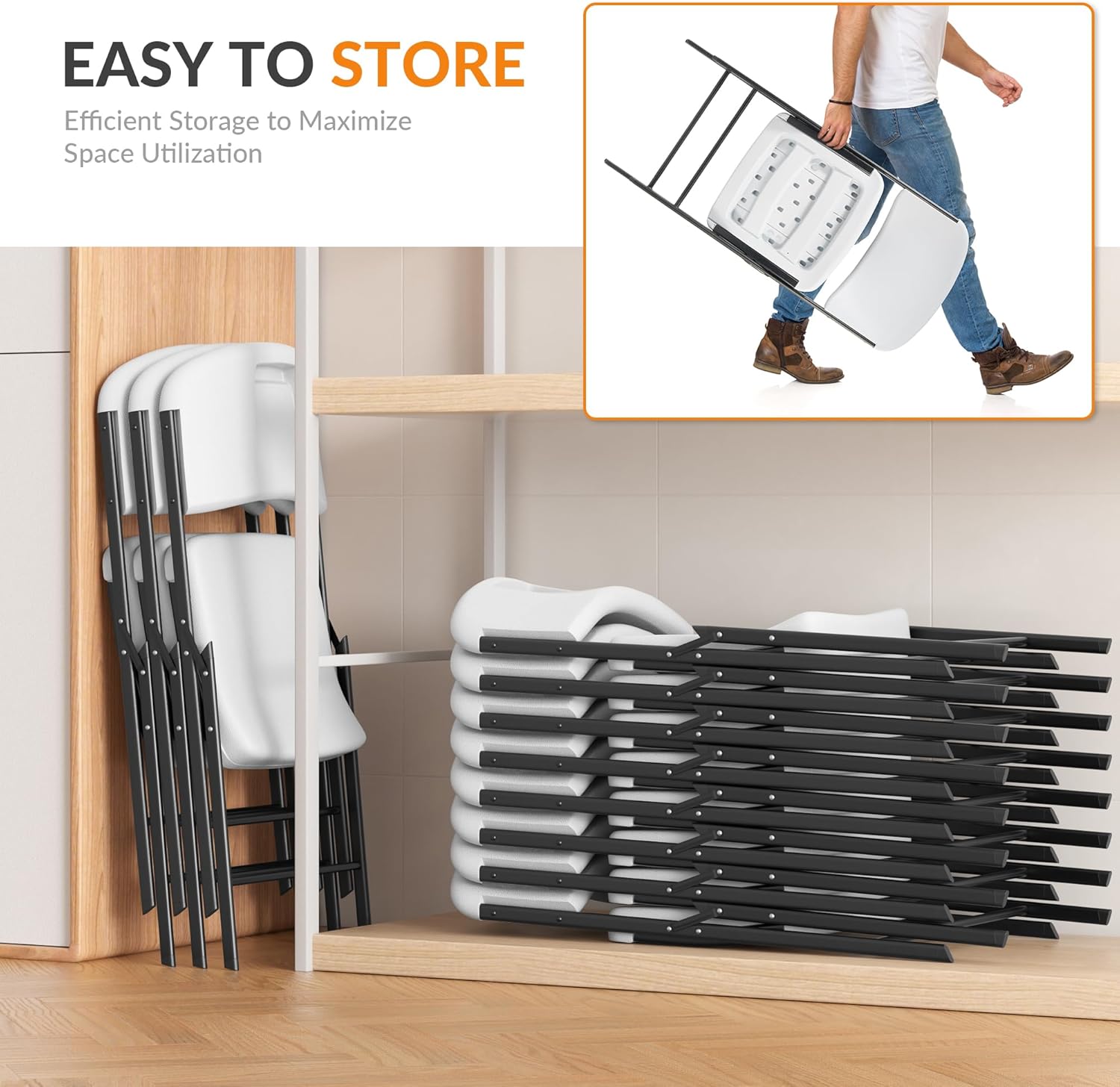 Elevon Folding Chairs Heavy Duty Plastic Chairs with 350-Pound Capacity for Home Office Camping Kitchen Dining Wedding Party Event Picnic, White, 2-Pack