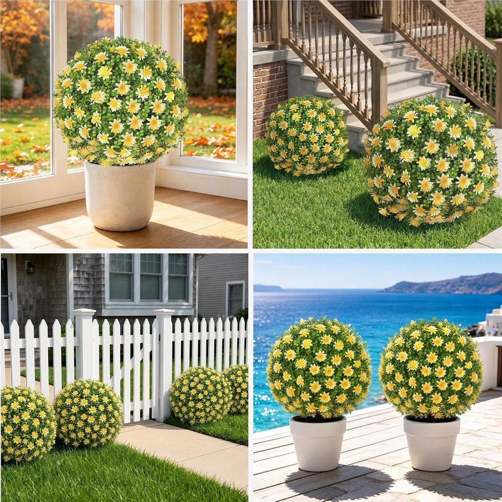 26" Artificial Yellow Boxwood Topiary Ball Tree with Ground Spike, Set of 2 Fake Fall Boxwood Bushes Shrubs Outdoor, UV Resistant Faux Greenery Trees Ball for Outdoor Front Porch Garden Decor