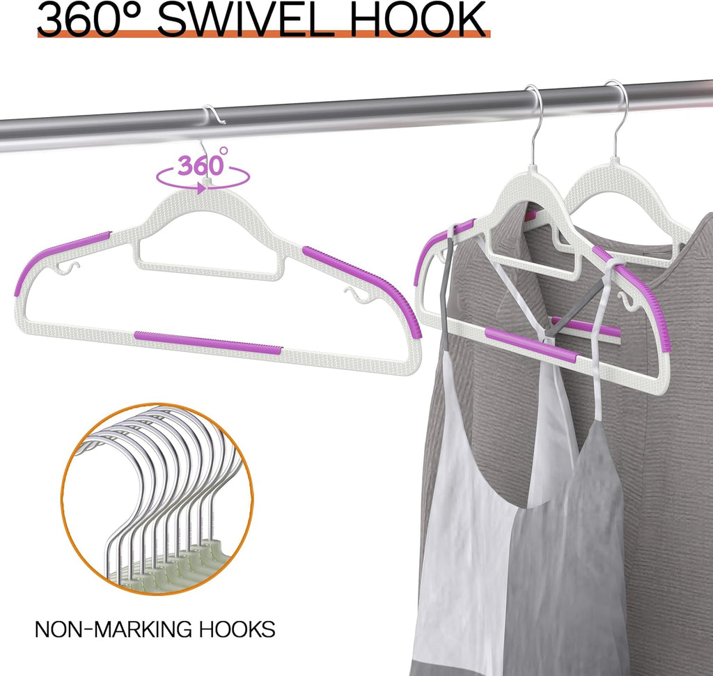 60 Pack Heavy Duty Plastic Hangers, Non Slip Clothes Hangers with Rubber Pads and 360° Hook - Thin Space Saving Hanger, Closet Organizer for Shirt, Pants, Suit, Skirt,Coat - Purple