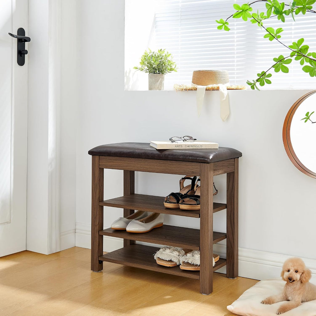 24" Short Entryway Shoe Storage Bench with Cushion, Height Adjustable 3-Tier Rubberwood Shoe Rack with Hidden Compartment, Brown Wood Shoe Organizer for Small Spaces