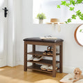 24" Short Entryway Shoe Storage Bench with Cushion, Height Adjustable 3-Tier Rubberwood Shoe Rack with Hidden Compartment, Brown Wood Shoe Organizer for Small Spaces