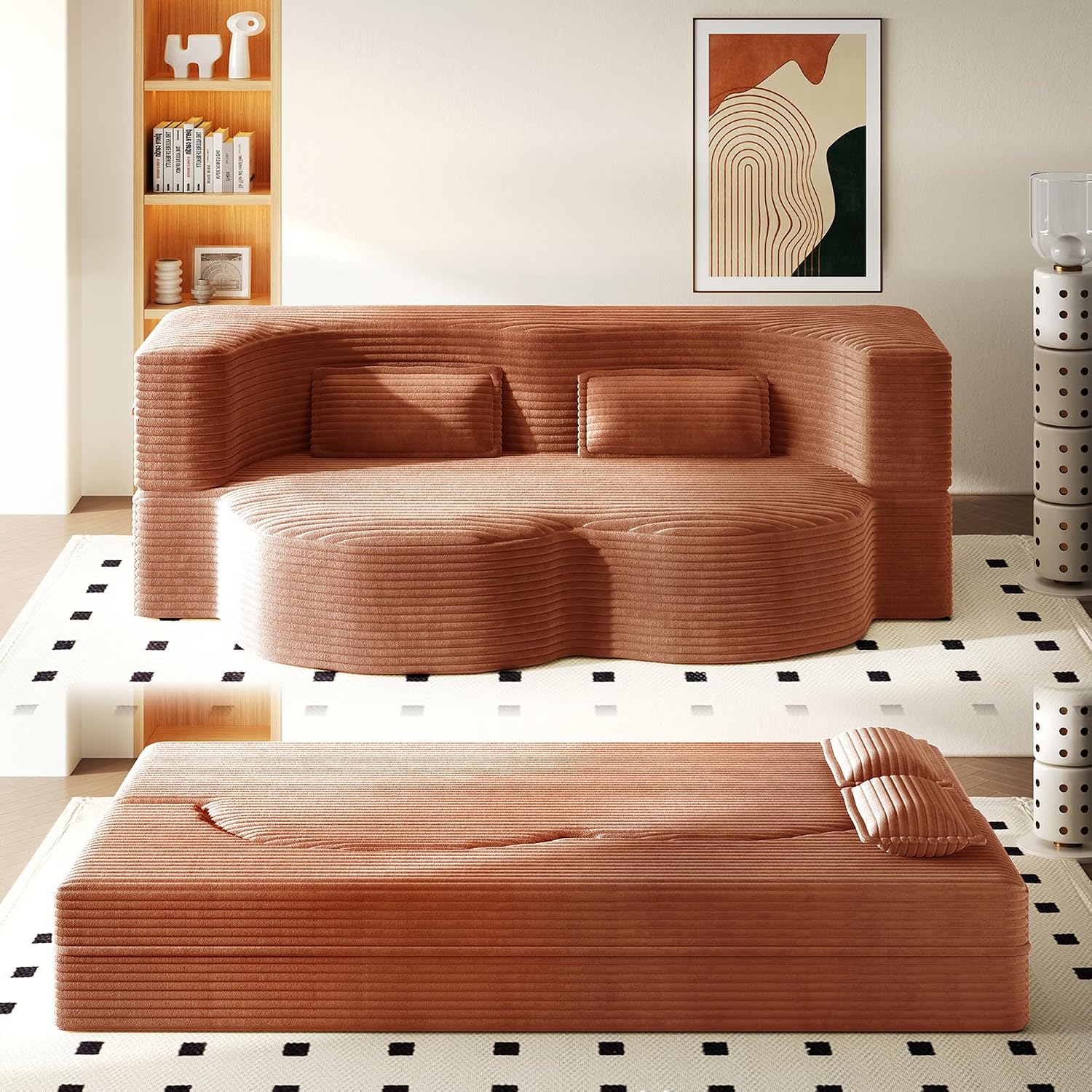 Convertible Folding Sofa Bed, 2-in-1 Full Size Floor Boneless Couch Bed, Loveseat sleeper Couch , Teddy Floor Sofa, Memory Foam Sleeper SofaBed, Small couches for small spaces, No Assembly, Orange