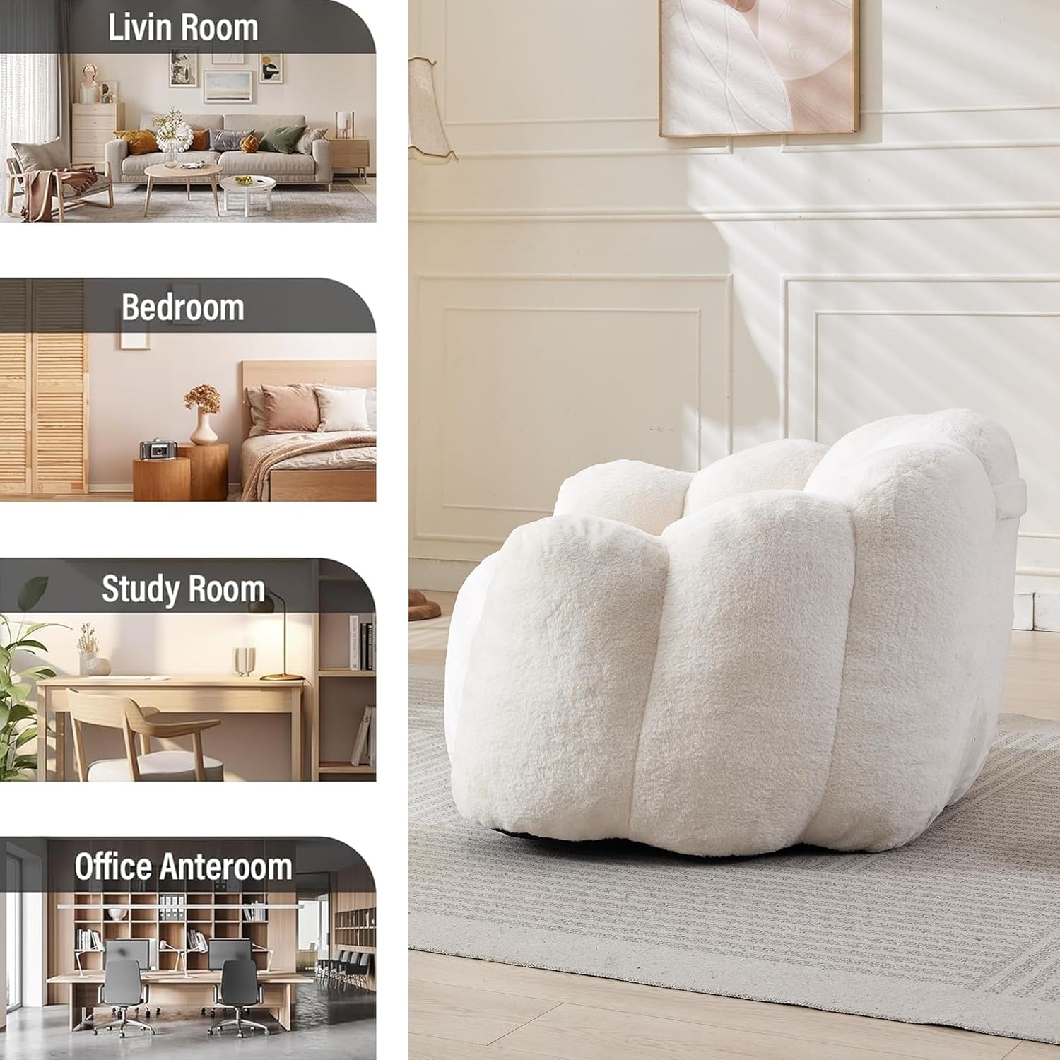 YITAI Large Bean Bag for Adults, Faux Fur Reading Sofa Chair with Petal Backrest,Fluffy Comfy Chair for Bedroom, Living Room, Study, Game 1PC Beige