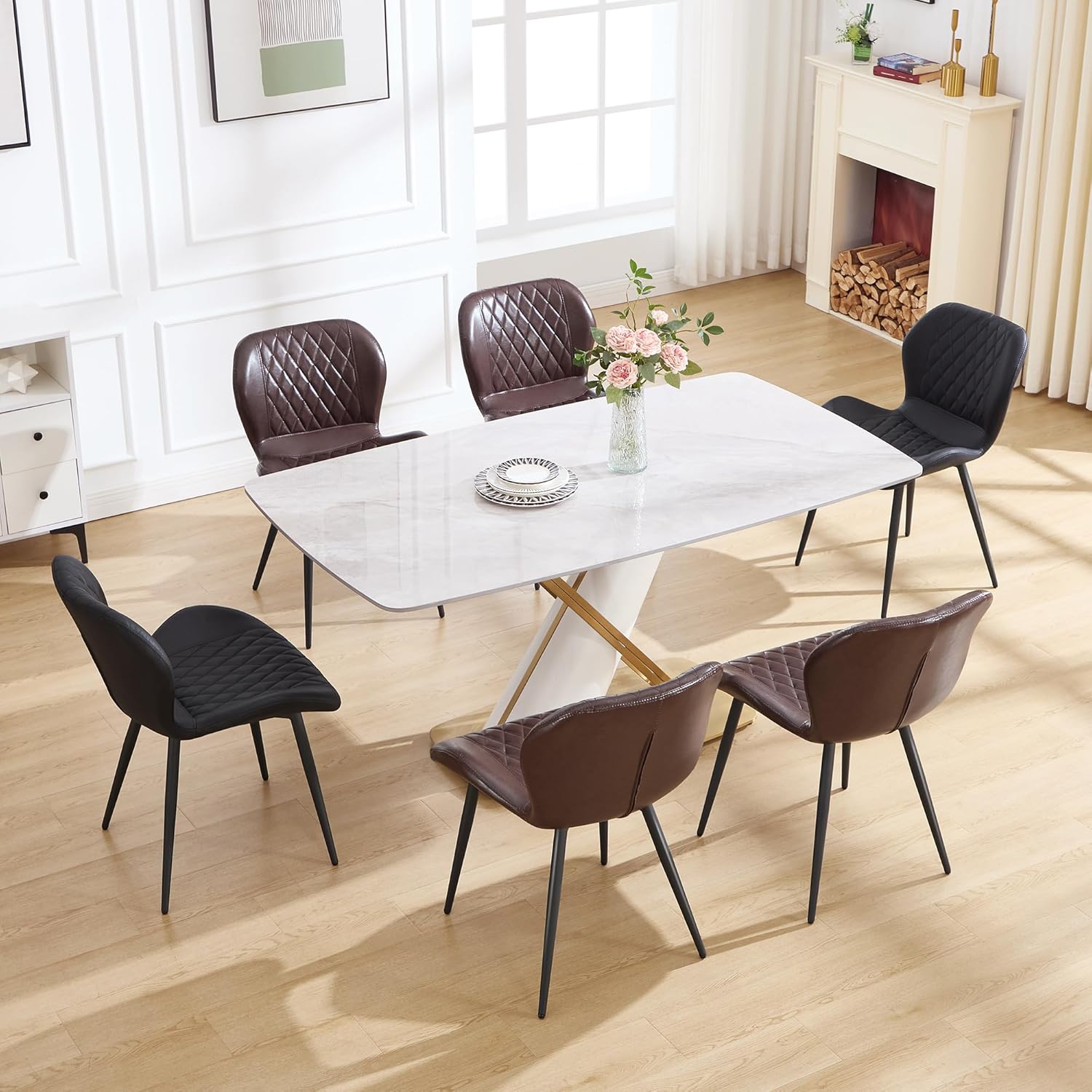 Dining Chairs Set of 6, Comfy Modern Dining Chairs with Thick Cushions, Upholstered Fabric Kitchen Side Chairs with Adjustable Metal Legs for Dining Room (Brown)