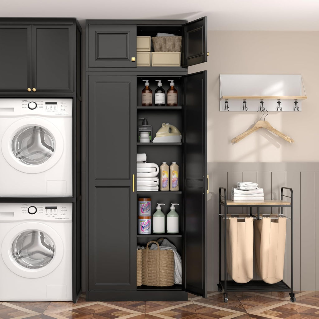 Steeloong86“ Kitchen Pantry Cabinet,Metal Storage Cabinets with Doors and 4 Adjustable Shelves,Black Kitchen Cabinet with 4 Gold Handles,Tall Cabinet for Livingroom,Pantry, Bathroom