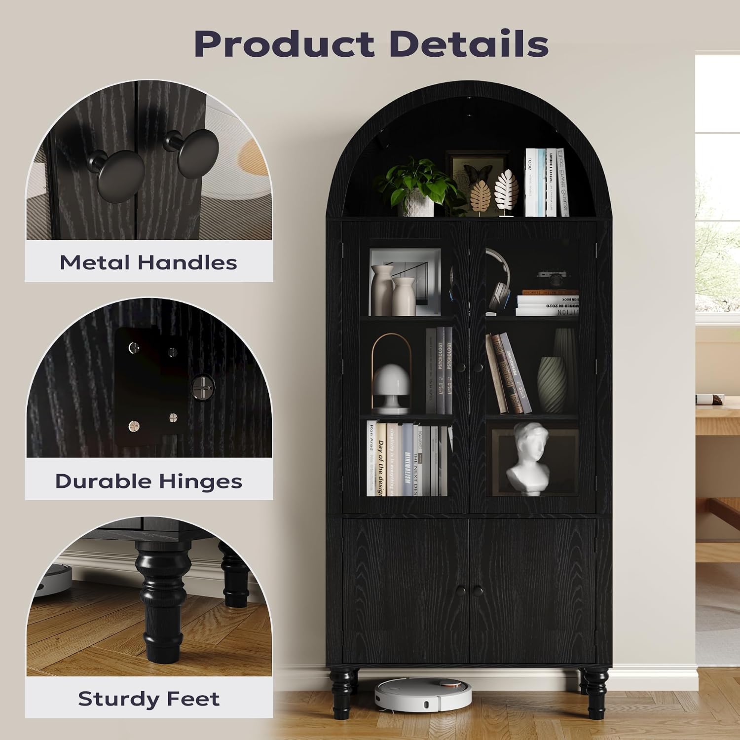 Furnify 71" Tall Arched Pantry Cabinet, Modern Kitchen Storage Cabinet with Doors, 3 Adjustable Shelves, Door Shelves, Organizer, Versatile Cupboard for Kitchen, Bathroom, Black