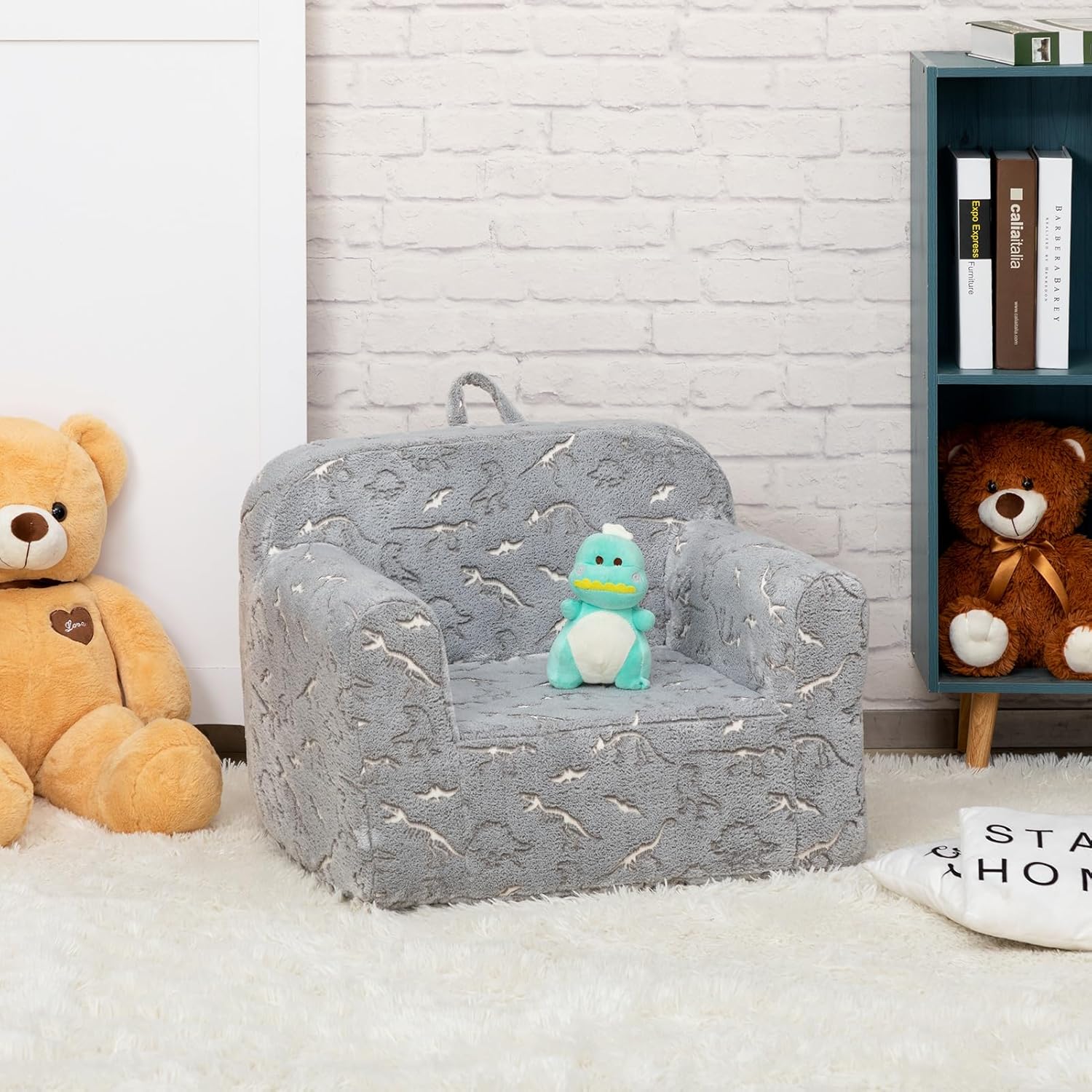 ALIMORDEN Kids Ultra-Soft Snuggle Foam Filled Chair, Glow-in-The-Dark Dinosaurs Fossil Pattern Toddler Cuddly Sherpa Reading Couch for Boys and Girls