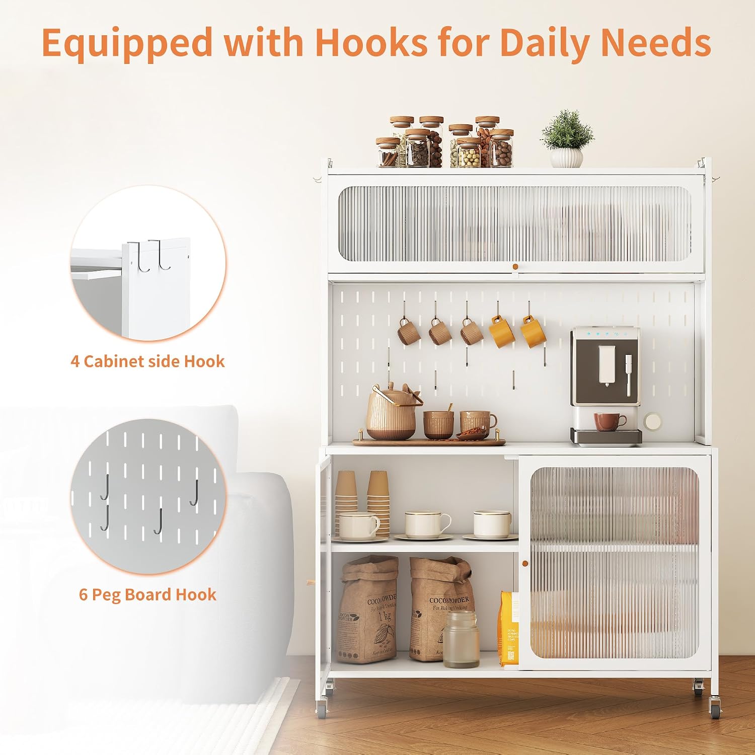 Rolling Kitchen Pantry Cabinet with 2 Glass Doors & Adjustable Shelves, Freestanding Metal Storage Credenza Organizer Utility Cupboard for Pantry, Kitchen, Bathroom,White