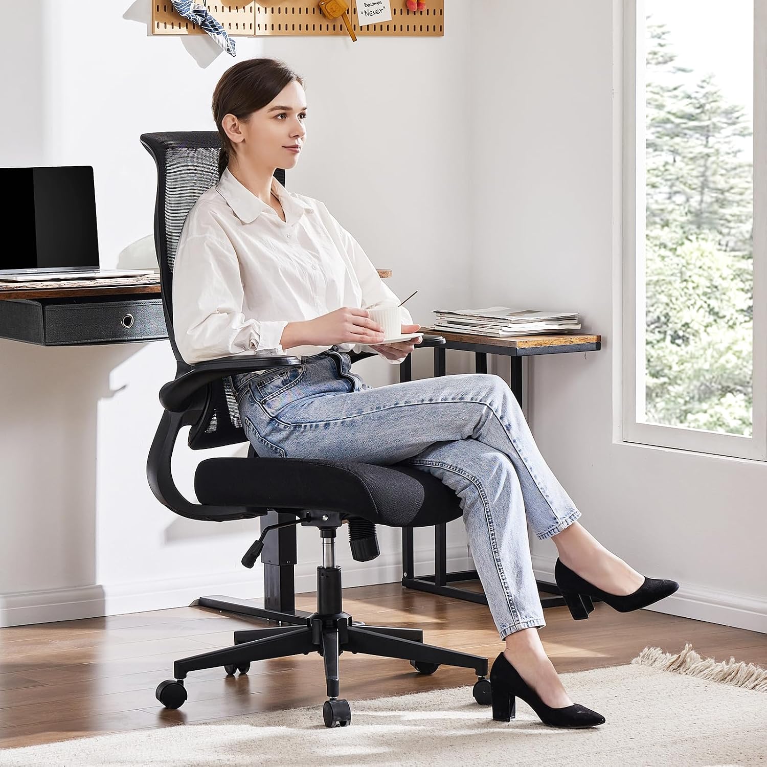DUMOS Office Managerial Executive Chair with Ergonomic Design, High Back Mesh Computer Desk Chair with Flip-up Armrests, Adjustable Height Swivel Task with Wheels, Comfy Lumbar Support, Black
