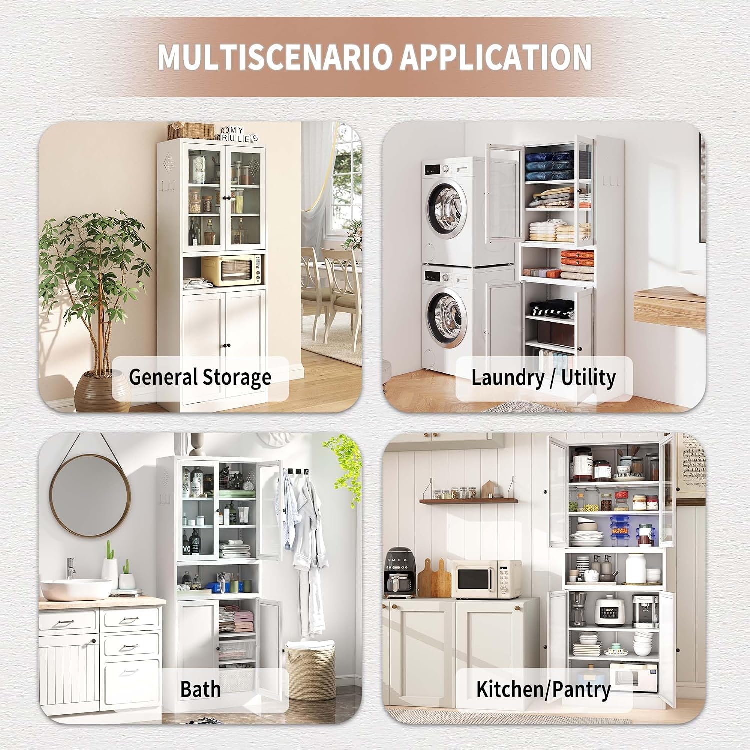 72" Kitchen Pantry Cabinets with Doors & Drawers, Freestanding Metal Pantry Cabinet with Microwave Shelf, Buffet Hutch with Storage for Kitchen Dining Room Pantry, Heavy Duty (White)