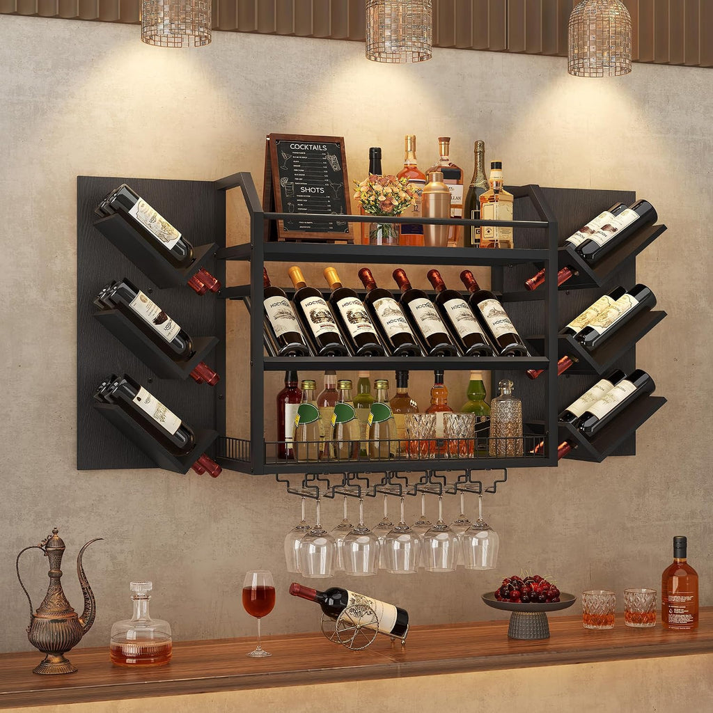 Hoctieon 48.6" Wall Mounted Wine Rack, 3 Tier Hanging Wine Racks with Glass Holder, Large Capacity Bar Shelves, Metal Wood Bottle Display Storage for Kitchen, Home Bar, Dining Room, Black