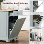 Kitchen Island with Trash Can Storage Cabinet and Power Outlet, Rolling Kitchen Cart on Wheels with Internal Storage Rack, Drawers, Open Side Racks for Dining Room (48.5", Grey Blue)