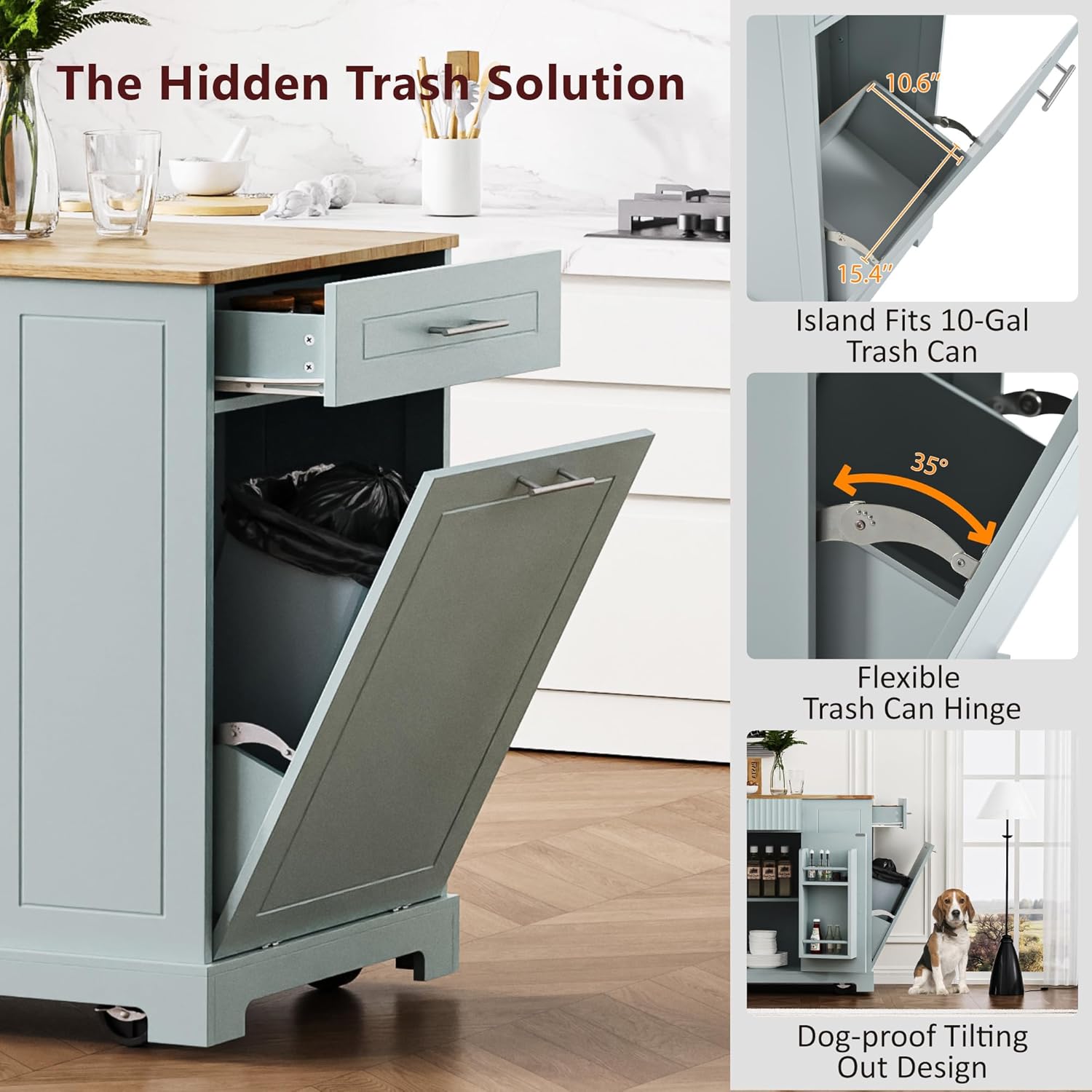 Kitchen Island with Trash Can Storage Cabinet and Power Outlet, Rolling Kitchen Cart on Wheels with Internal Storage Rack, Drawers, Open Side Racks for Dining Room (48.5", Grey Blue)
