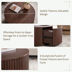 JXQTLINGMU 33" Round Coffee Table with Storage, Fluted Drum Coffee Table, Hidden Push-to-Open Drawer, Natural Walnut