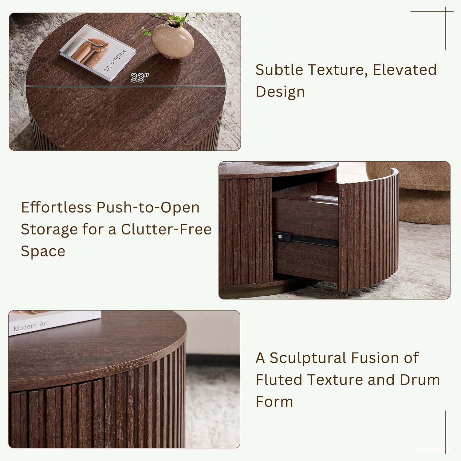 JXQTLINGMU 33" Round Coffee Table with Storage, Fluted Drum Coffee Table, Hidden Push-to-Open Drawer, Natural Walnut
