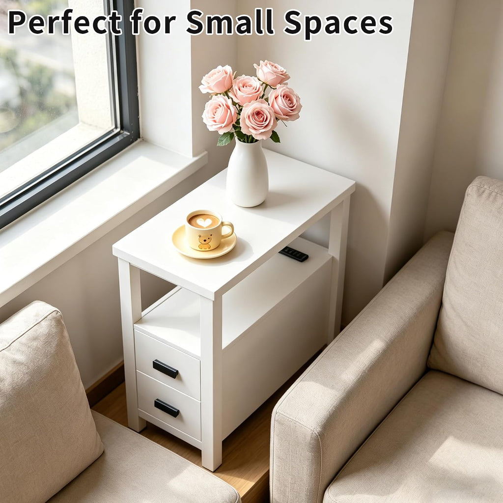 End Table with Charging Station, Narrow Nightstand with 2 Drawers, Side Table with USB Ports & Outlets, Small Bedside Table for Small Spaces, Bedroom, Living Room,Wood, White