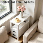 End Table with Charging Station, Narrow Nightstand with 2 Drawers, Side Table with USB Ports & Outlets, Small Bedside Table for Small Spaces, Bedroom, Living Room,Wood, White