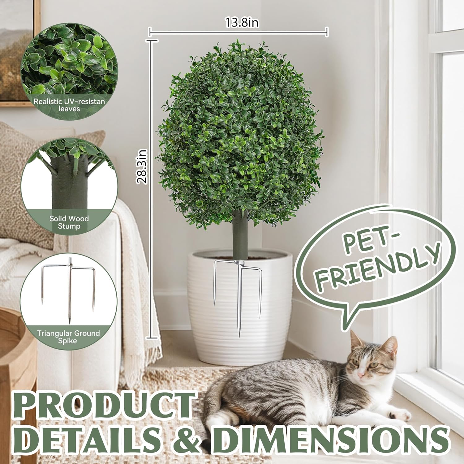 Artificial Boxwood Topiary Trees Outdoor Set of 2, UV Resistant Faux Outdoor Plants with Metal Ground Stakes, Evergreen Boxwood Ball Bushes for Front Porch Patio Garden Entryway Decor