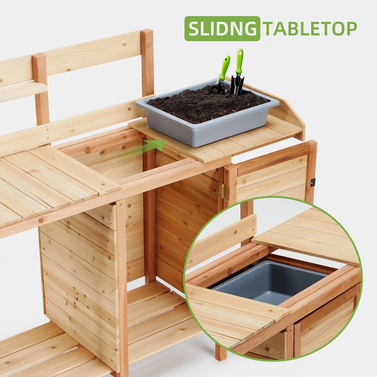 Outdoor Wooden Potting Bench with Sink, Sliding Tabletop & Removable Tray, Large Storage Cabinet + Bottom Shelf, Natural Wood Garden Workstation for Patio & Lawn