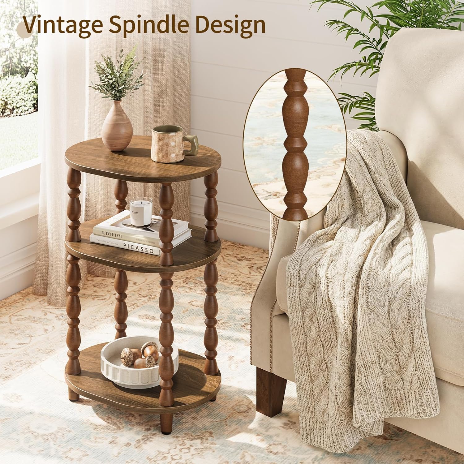 Yoobure 3-Tier Small Side Table - Oval End Table with Vintage Spindle Legs, Accent Night Stand with Storage Shelf for Narrow Spaces, Wood Nightstand Bedside Table for Living Room, Bedroom, Walnut