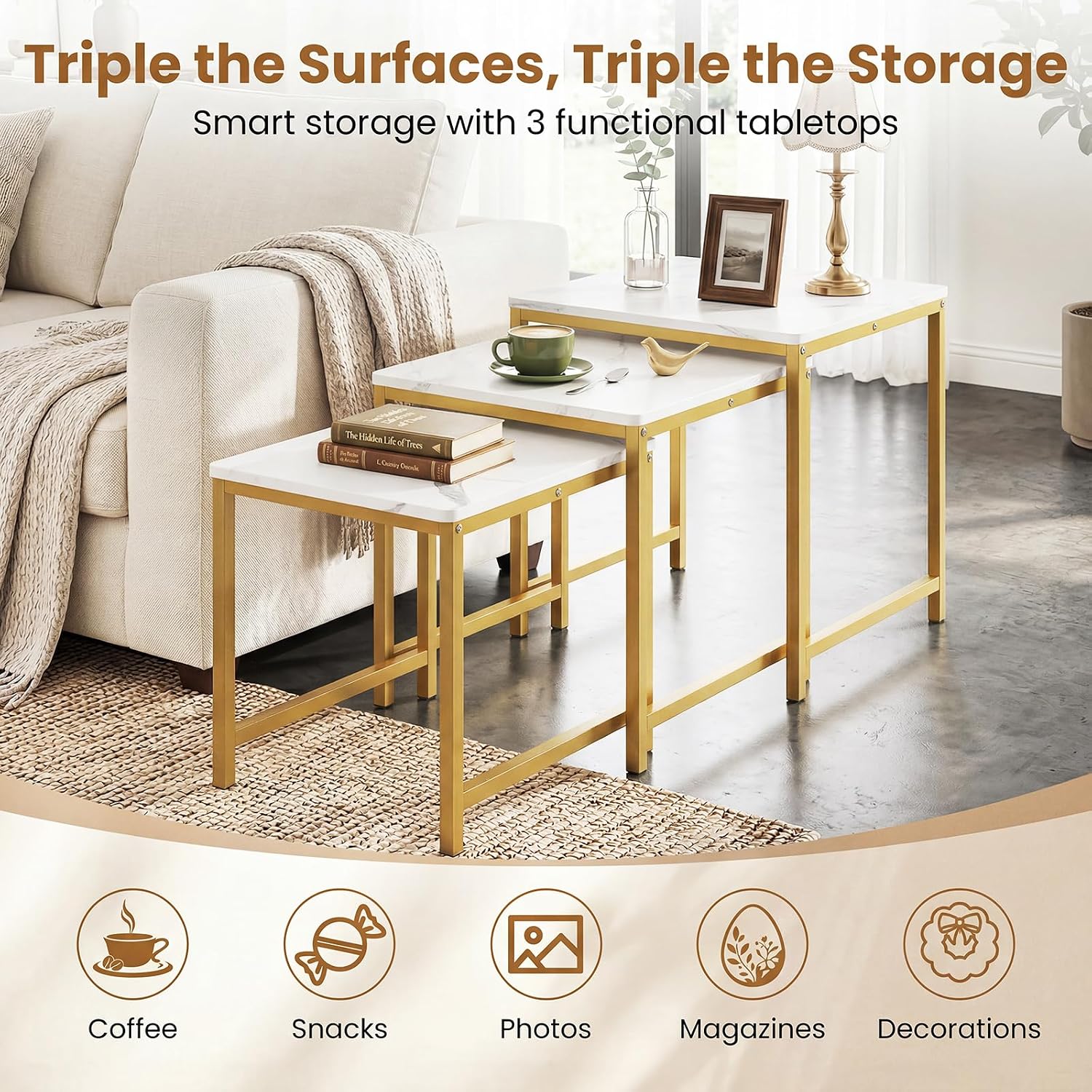 Giantex Nesting Coffee Table Set of 3, Small Center Tables, White | Faux Marble Coffee Table with Metal Frame, Space-Saving Stacking End Table for Small Space